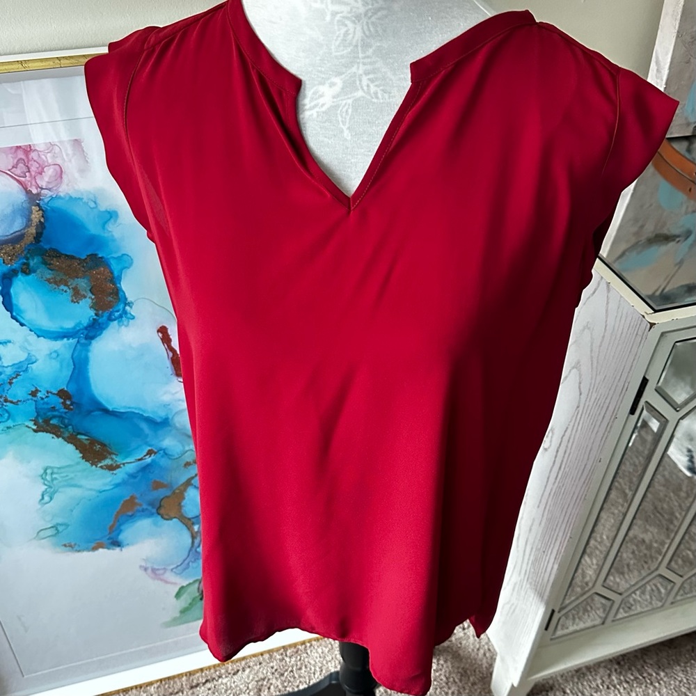 PLEIONE Top High Low flowy Short Sleeve Nordstrom Blouse Red Rucked Size SP - Picture 2 of 8